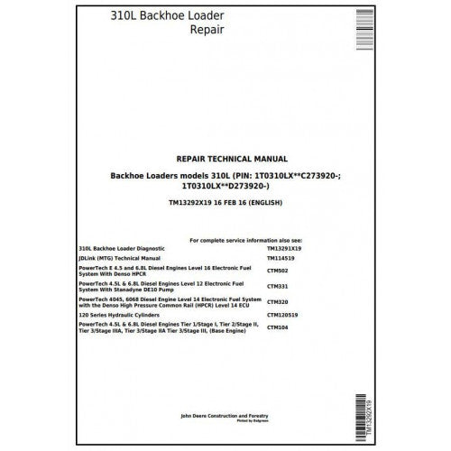 TM13292X19 John Deere 310L Backhoe Loader Pdf Repair Service Technical Manual