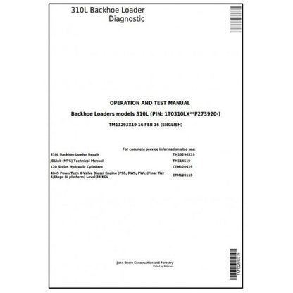 TM13293X19 John Deere 310L Backhoe Loader Pdf Diagnostic, Operation and Test Service Manual