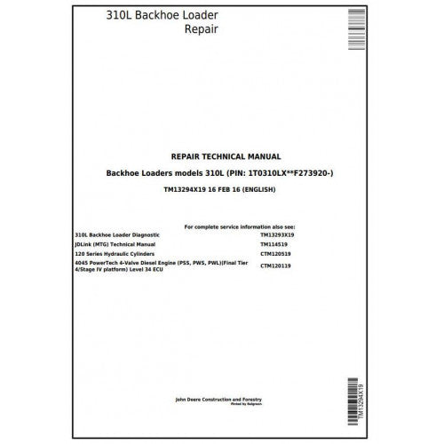 TM13294X19 John Deere 310L Backhoe Loader Pdf Repair Service Technical Manual