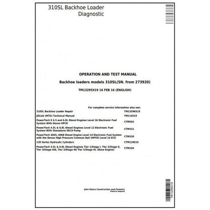 TM13295X19 John Deere 310SL Backhoe Loader Pdf Diagnostic, Operation and Test Service Manual