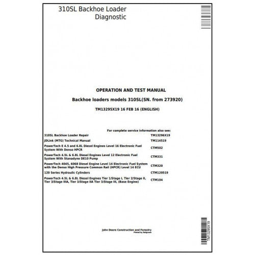 TM13295X19 John Deere 310SL Backhoe Loader Pdf Diagnostic, Operation and Test Service Manual