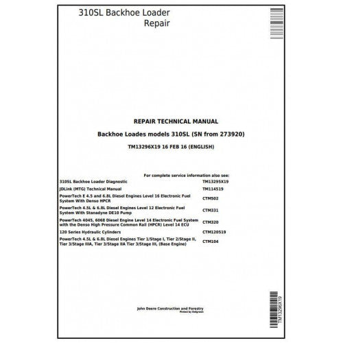 TM13296X19 John Deere 310SL Backhoe Loader Pdf Repair Service Technical Manual