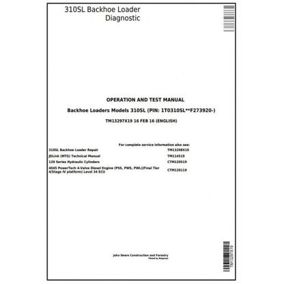 TM13297X19 John Deere 310SL Backhoe Loader Pdf Diagnostic, Operation and Test Service Manual