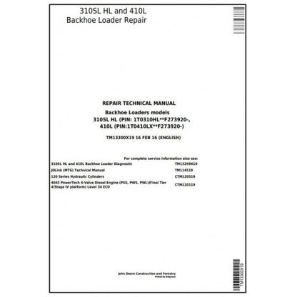 TM13300X19 John Deere 310SL HL, 410L Backhoe Loader Pdf Repair Service Technical Manual