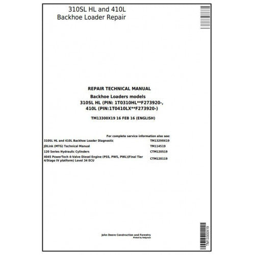 TM13300X19 John Deere 310SL HL, 410L Backhoe Loader Pdf Repair Service Technical Manual