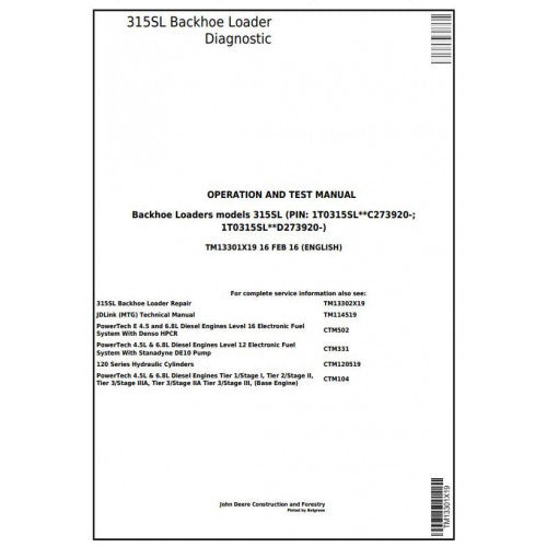 TM13301X19 John Deere 315SL Backhoe Loader Pdf Diagnostic, Operation and Test Service Manual