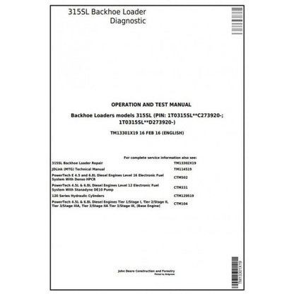 TM13301X19 John Deere 315SL Backhoe Loader Pdf Diagnostic, Operation and Test Service Manual