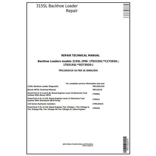 TM13302X19 John Deere 315SL Backhoe Loader Pdf Repair Service Technical Manual
