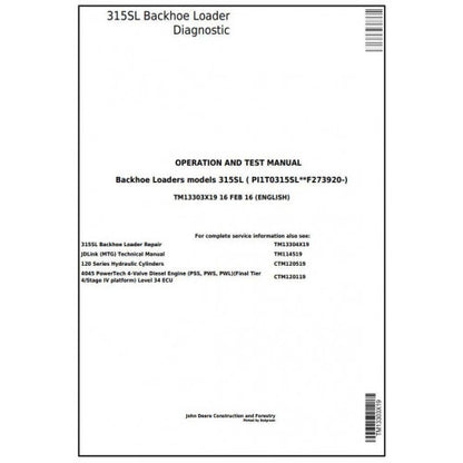 TM13303X19 John Deere 315SL Backhoe Loader Pdf Diagnostic, Operation and Test Service Manual