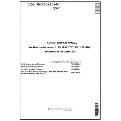 TM13304X19 John Deere 315SL Backhoe Loader Pdf Repair Service Technical Manual