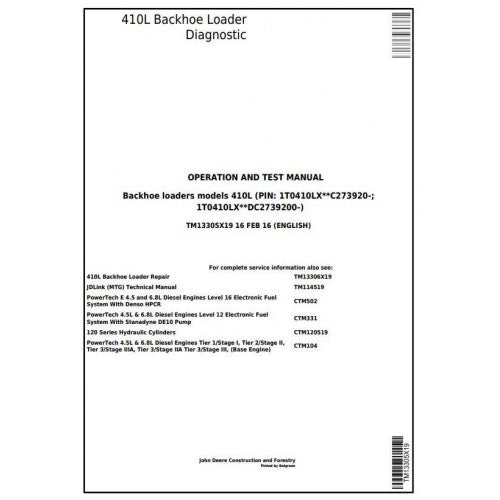 TM13305X19 John Deere 410L Backhoe Loader Pdf Diagnostic, Operation and Test Service Manual