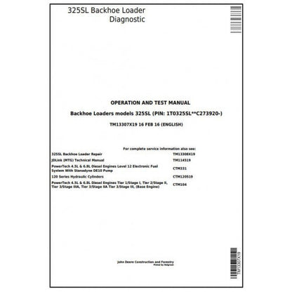TM13307X19 John Deere 325SL Backhoe Loader Pdf Diagnostic, Operation and Test Service Manual