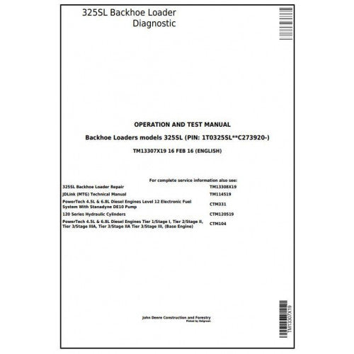 TM13307X19 John Deere 325SL Backhoe Loader Pdf Diagnostic, Operation and Test Service Manual