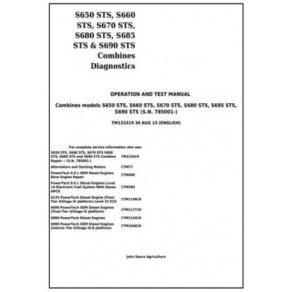 TM133319 John Deere S650STS, S660STS, S670STS, S680STS, S685STS, S690STS Combines Pdf Operation and Tests Manual