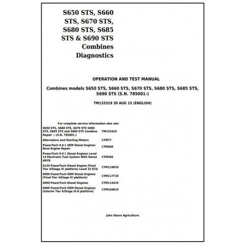 TM133319 John Deere S650STS, S660STS, S670STS, S680STS, S685STS, S690STS Combines Pdf Operation and Tests Manual