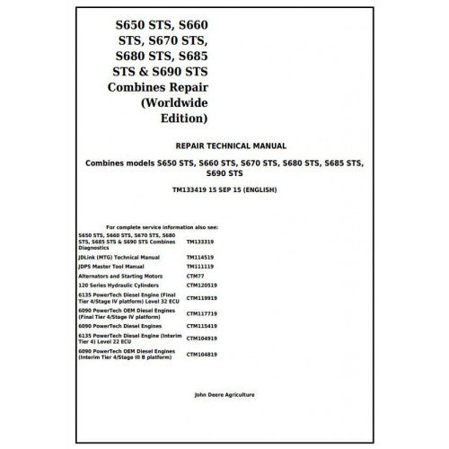 TM133419 John Deere S650STS, S660STS, S670STS, S680STS, S685STS, S690STS Combines Pdf Technical Service Manual