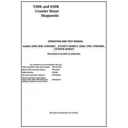 TM13356X19 John Deere 550K, 650K Crawler Dozer Pdf Diagnostic, Operation and Test Service Manual