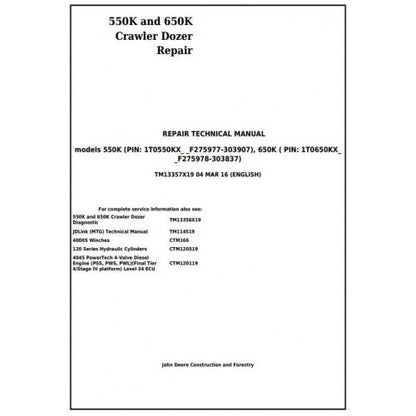 TM13357X19 John Deere 550K, 650K Crawler Dozer Pdf Repair Service Technical Manual