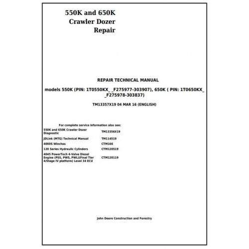 TM13357X19 John Deere 550K, 650K Crawler Dozer Pdf Repair Service Technical Manual