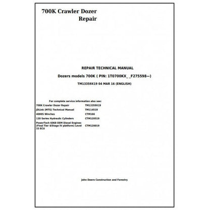 TM13359X19 John Deere 700K Crawler Dozer Pdf Repair Service Technical Manual