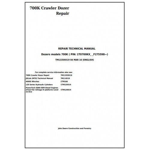 TM13359X19 John Deere 700K Crawler Dozer Pdf Repair Service Technical Manual