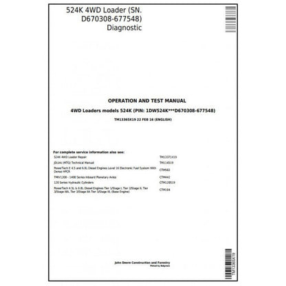 TM13365X19 John Deere 524K 4WD Loader Pdf Diagnostic, Operation and Test Service Manual