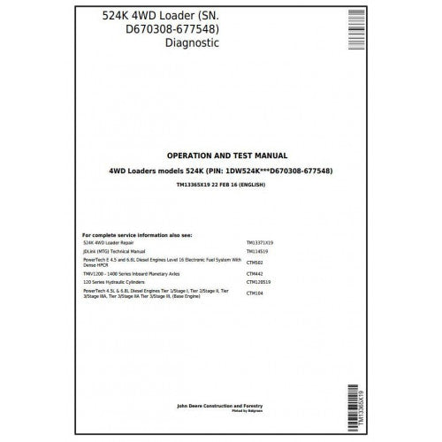 TM13365X19 John Deere 524K 4WD Loader Pdf Diagnostic, Operation and Test Service Manual