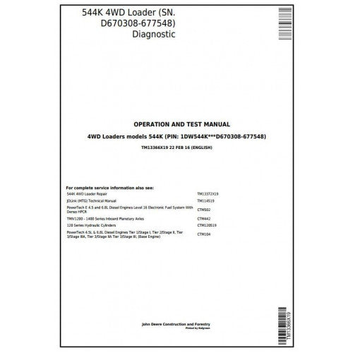 TM13366X19 John Deere 544K 4WD Loader Pdf Diagnostic, Operation and Test Service Manual