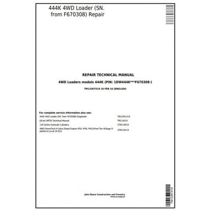 TM13367X19 John Deere 444K 4WD Loader Pdf Repair Service Technical Manual