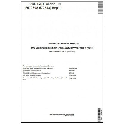 TM13368X19 John Deere 524K 4WD Loader Pdf Repair Service Technical Manual