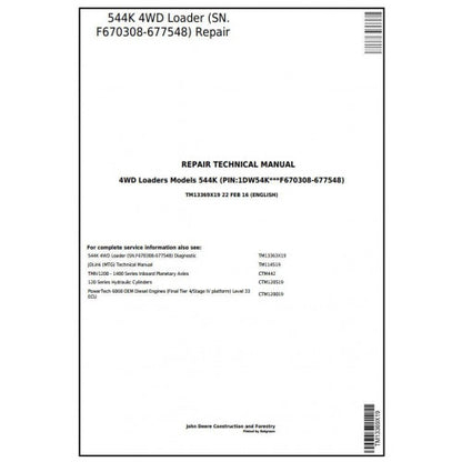TM13369X19 John Deere 544K 4WD Loader Pdf Repair Service Technical Manual