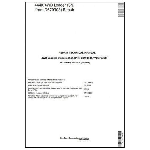 TM13370X19 John Deere 444K 4WD Loader Pdf Repair Service Technical Manual