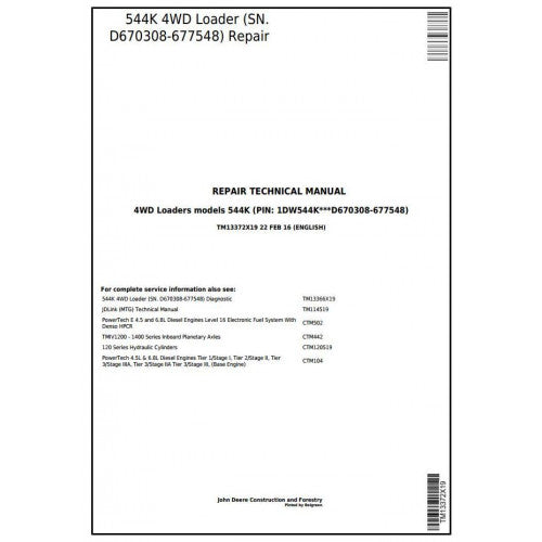 TM13372X19 John Deere 544K 4WD Loader Pdf Repair Service Technical Manual