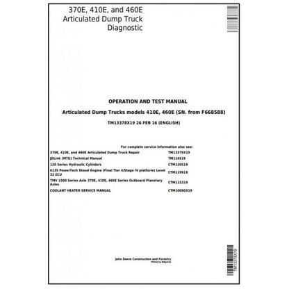 TM13378X19 John Deere 370E, 410E, 460E Articulated Dump Truck Pdf Operation and Tests Manual