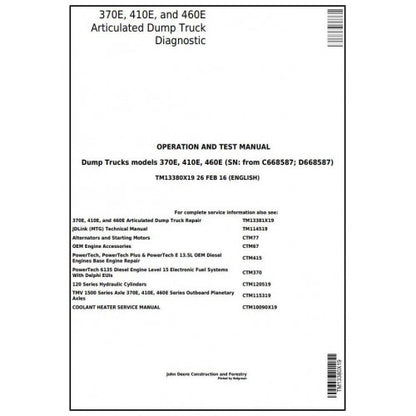 TM13380X19 John Deere 370E, 410E, 460E Articulated Dump Truck Pdf Operation and Tests Manual