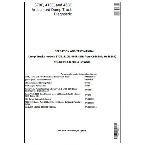TM13380X19 John Deere 370E, 410E, 460E Articulated Dump Truck Pdf Operation and Tests Manual