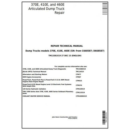 TM13381X19 John Deere 370E, 410E, 460E Articulated Dump Truck Pdf Repair Service Technical Manual