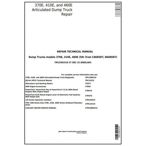 TM13381X19 John Deere 370E, 410E, 460E Articulated Dump Truck Pdf Repair Service Technical Manual