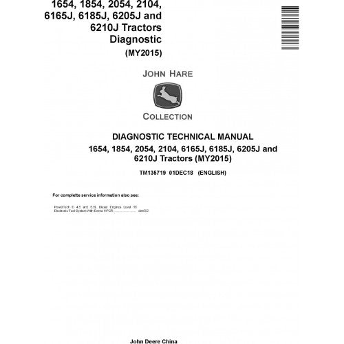 TM135719 John Deere 6165J(6J-1654), 6185J(6J-1854), 6205J(6J-2054), 6210J(6J-2104) Tractor Pdf Diagnostic Technical Manual