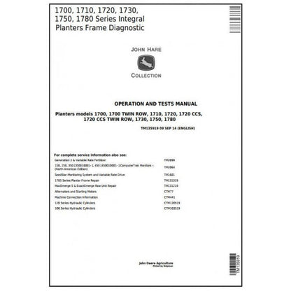 TM135919 John Deere Integral Frame for 1700, 1710, 1720, 1730, 1750, 1780 Planters Pdf Operation and Tests Manual