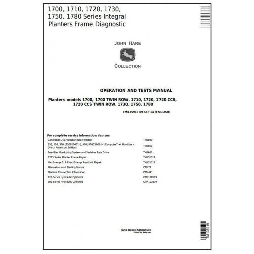 TM135919 John Deere Integral Frame for 1700, 1710, 1720, 1730, 1750, 1780 Planters Pdf Operation and Tests Manual