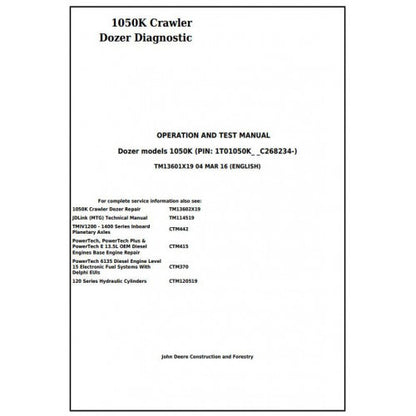 TM13601X19 John Deere 1050K Crawler Dozer Pdf Diagnostic, Operation and Test Service Manual