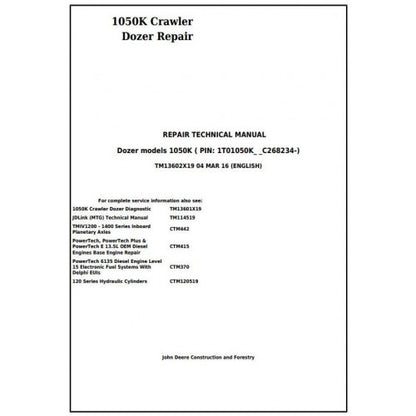 TM13602X19 John Deere 1050K Crawler Dozer Pdf Repair Service Technical Manual