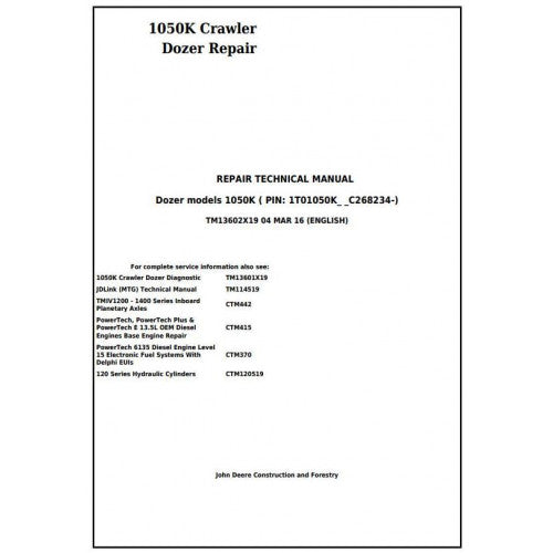 TM13602X19 John Deere 1050K Crawler Dozer Pdf Repair Service Technical Manual