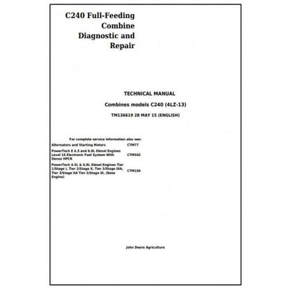 TM136619 John Deere C240 (4LZ-13) Full-Feeding Combine Pdf Technical Service Manual