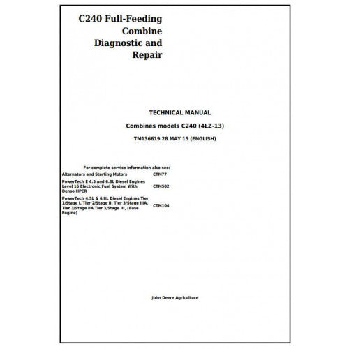 TM136619 John Deere C240 (4LZ-13) Full-Feeding Combine Pdf Technical Service Manual