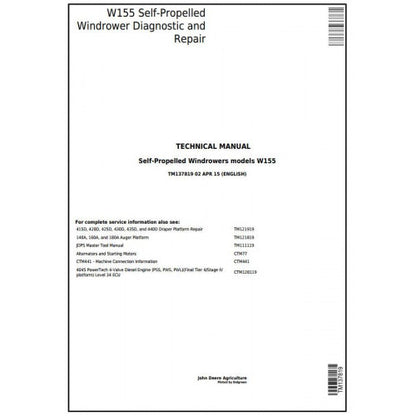 TM137819 John Deere W155 Self-Propelled Hay & Forage Windrowers Pdf Technical Service Manual