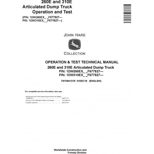 TM13841X19 John Deere 260E, 310E Articulated Dump Truck Pdf Diagnostic Technical Manual