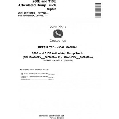 TM13842X19 John Deere 260E, 310E Articulated Dump Truck Pdf Repair Service Technical Manual