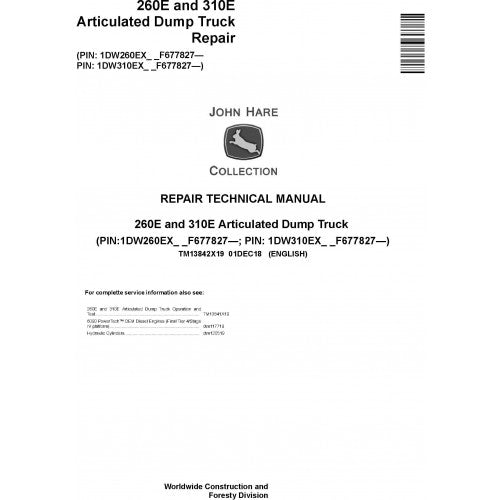 TM13842X19 John Deere 260E, 310E Articulated Dump Truck Pdf Repair Service Technical Manual